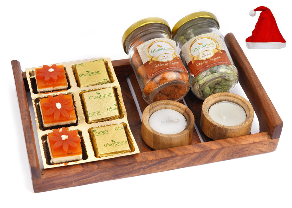 Small Striped Wooden Serving Tray with 6 Assorted Bites, Paan Raisins Jar ,Crunchy Cashews Jar and Wooden T-Lites
