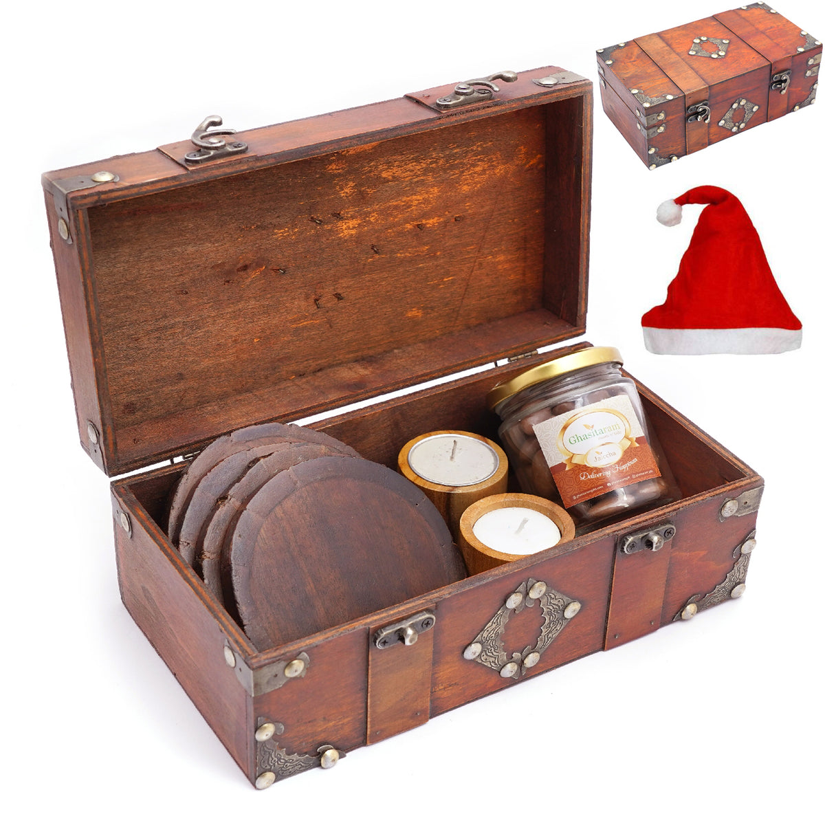 Vintage Wooden box containing 4 Coasters, 2 Wooden Long T-lites and Chocolate Coated Almonds Jar