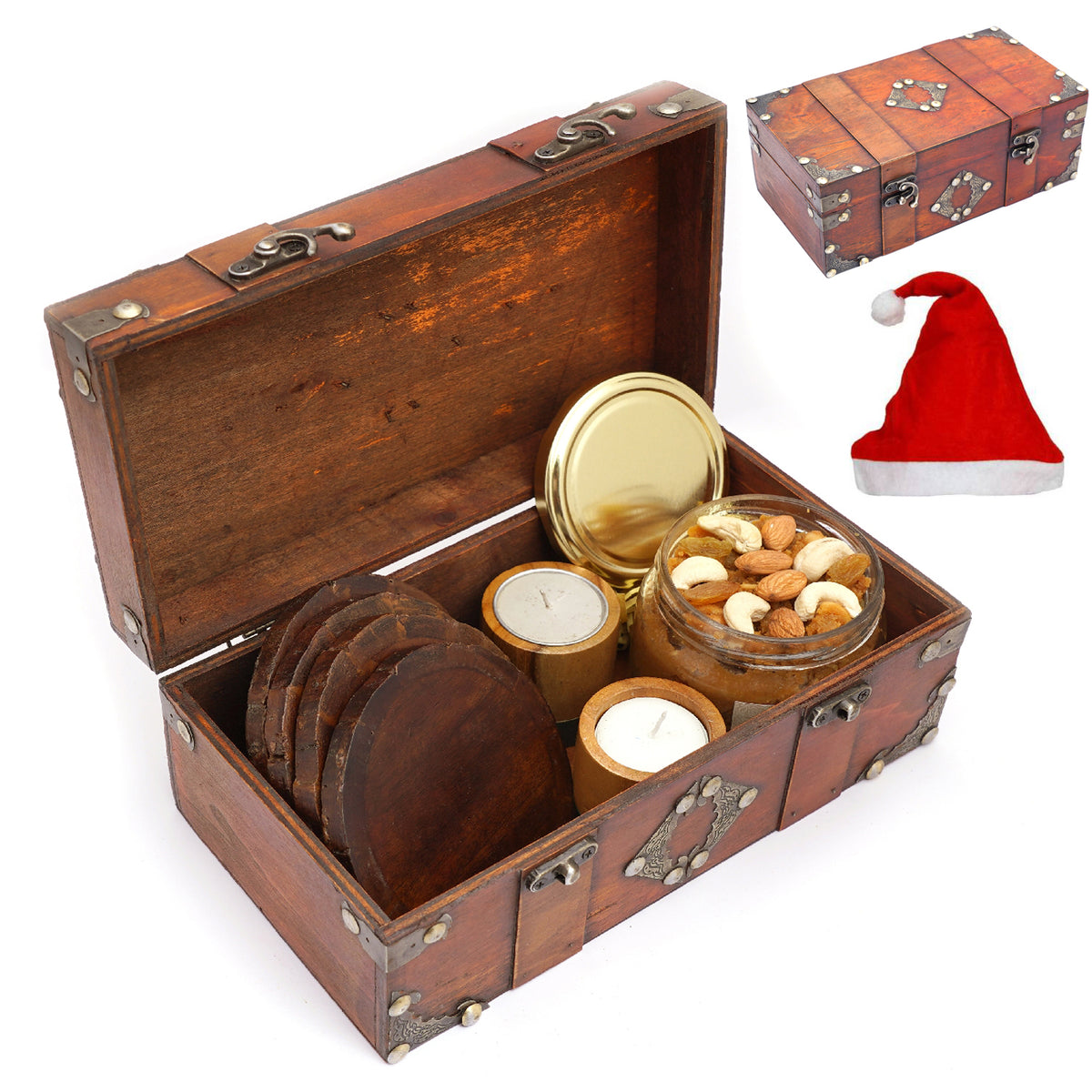 Vintage Wooden box containing 4 Coasters, 2 Wooden long T-lites and Dryfruit Halwa Jar