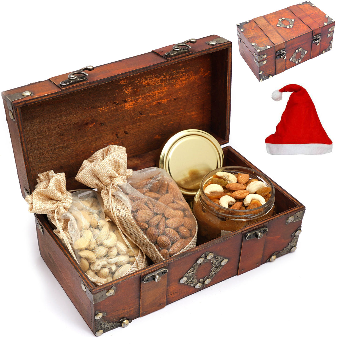 Vintage Wooden box containing Jute Pouches of Cashews, Almonds and Dryfruit Halwa