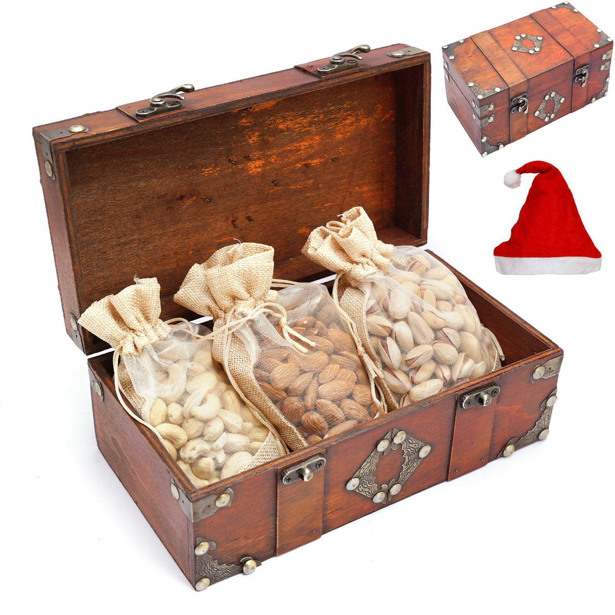 Vintage Wooden box containing Jute Pouches of Cashews, Almonds and Pistachios