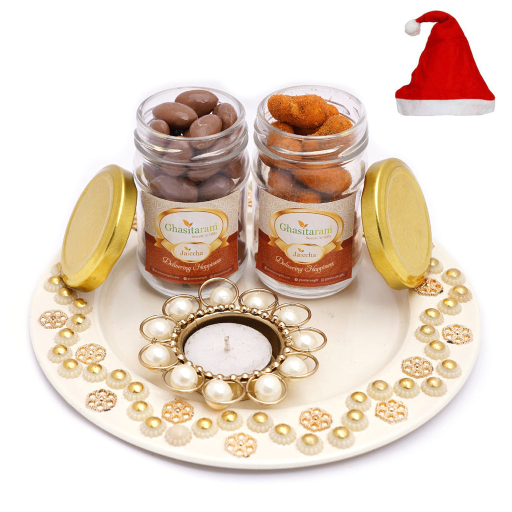 White Metal Thali with T-lite, Chocolate Coated Almonds Jar and Crunchy Coated Cashew Jar
