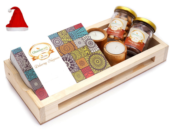 Natural Wood Big Tray with Kaju Katli Box , 2 Wooden Long T-Lites, Roasted Cashew and Chocolate Coated Almonds