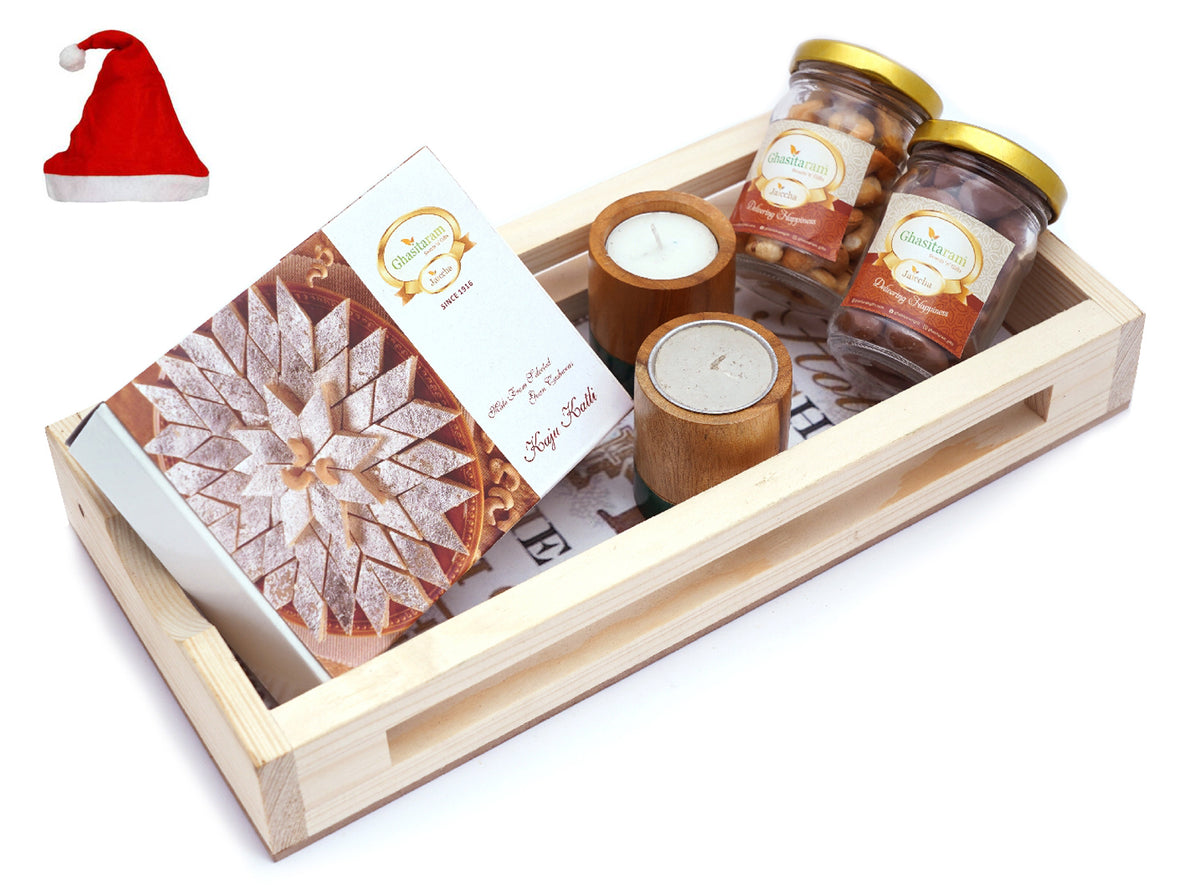 Natural Wood Big Tray with Kaju Katli Box , 2 Wooden Long T-Lites, Roasted Cashew and Chocolate Coated Almonds