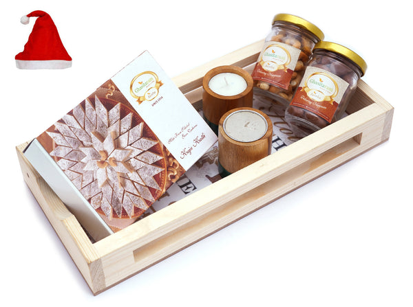 Natural Wood Big Tray with Kaju Katli Box , 2 Wooden Long T-Lites, Roasted Cashew and Chocolate Coated Almonds
