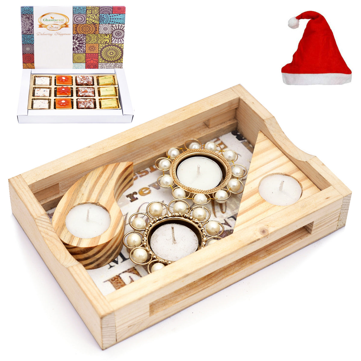 Natural Wood Tray with Kaju Katli Box and Triangle T-Lite