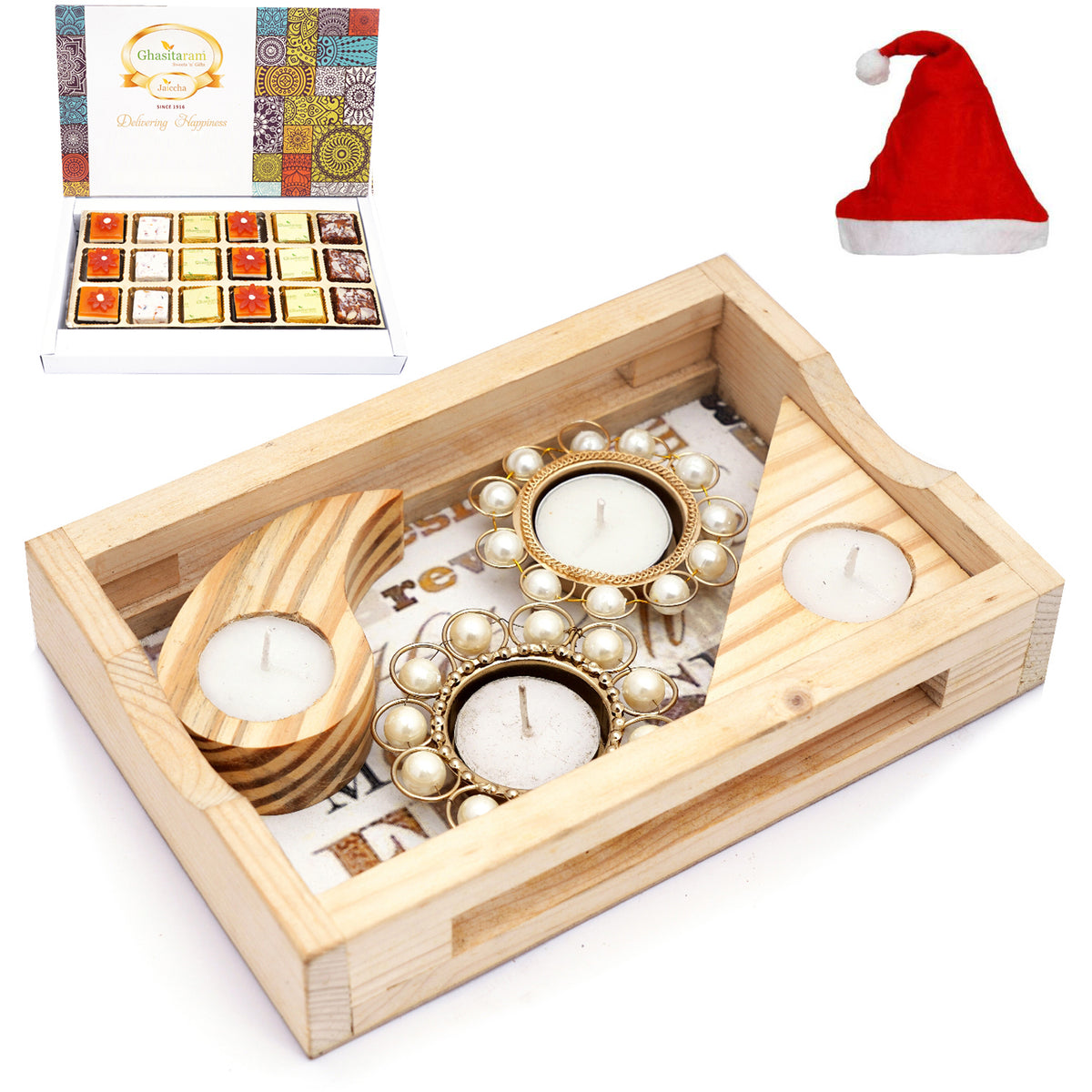 Natural Wood Tray with Kaju Katli Box and Triangle T-Lite