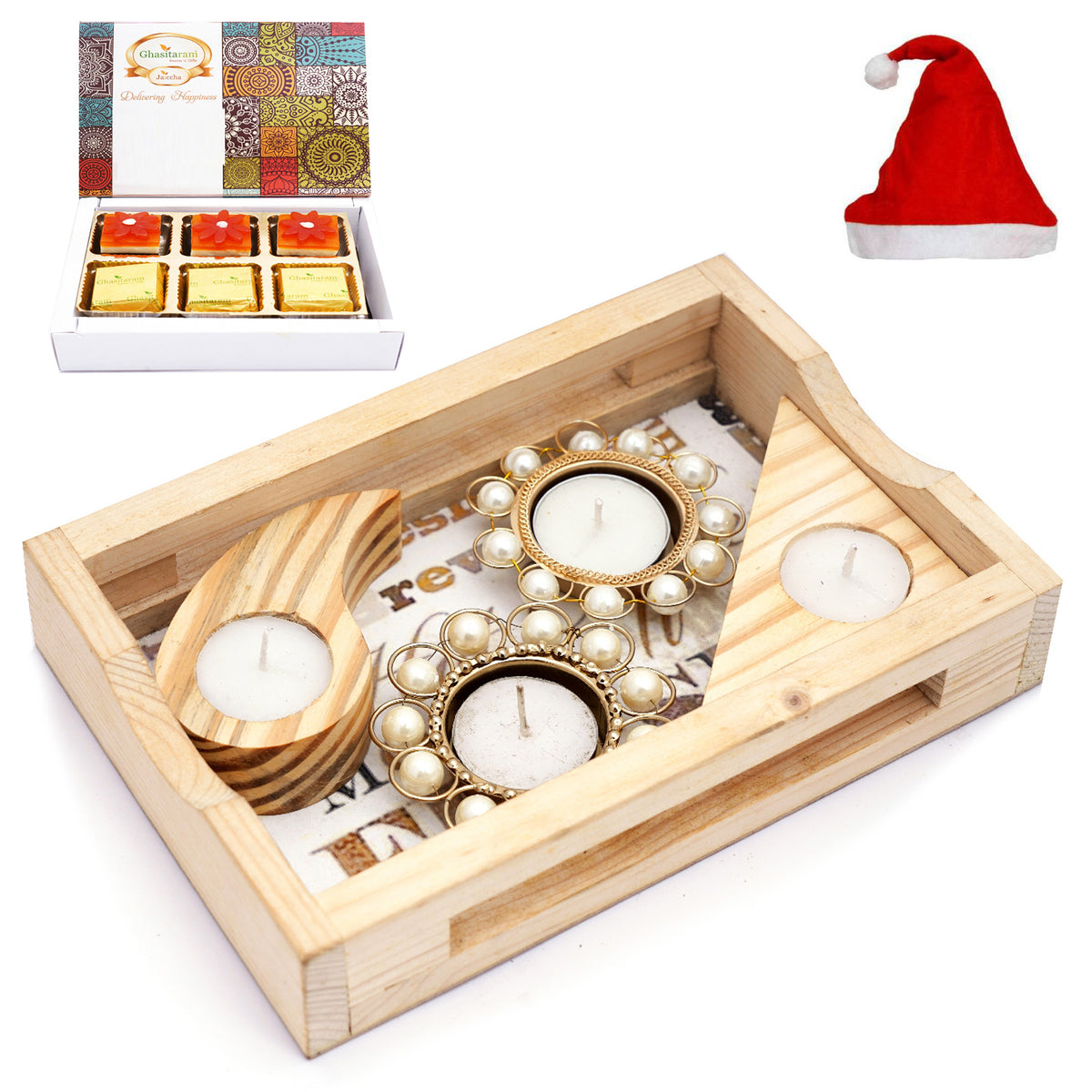 Natural Wood Tray with Kaju Katli Box and Triangle T-Lite