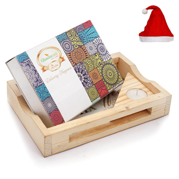 Natural Wood Tray with Kaju Katli Box and Triangle T-Lite