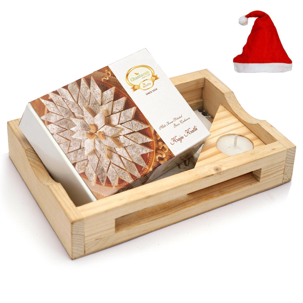 Natural Wood Tray with Kaju Katli Box and Triangle T-Lite