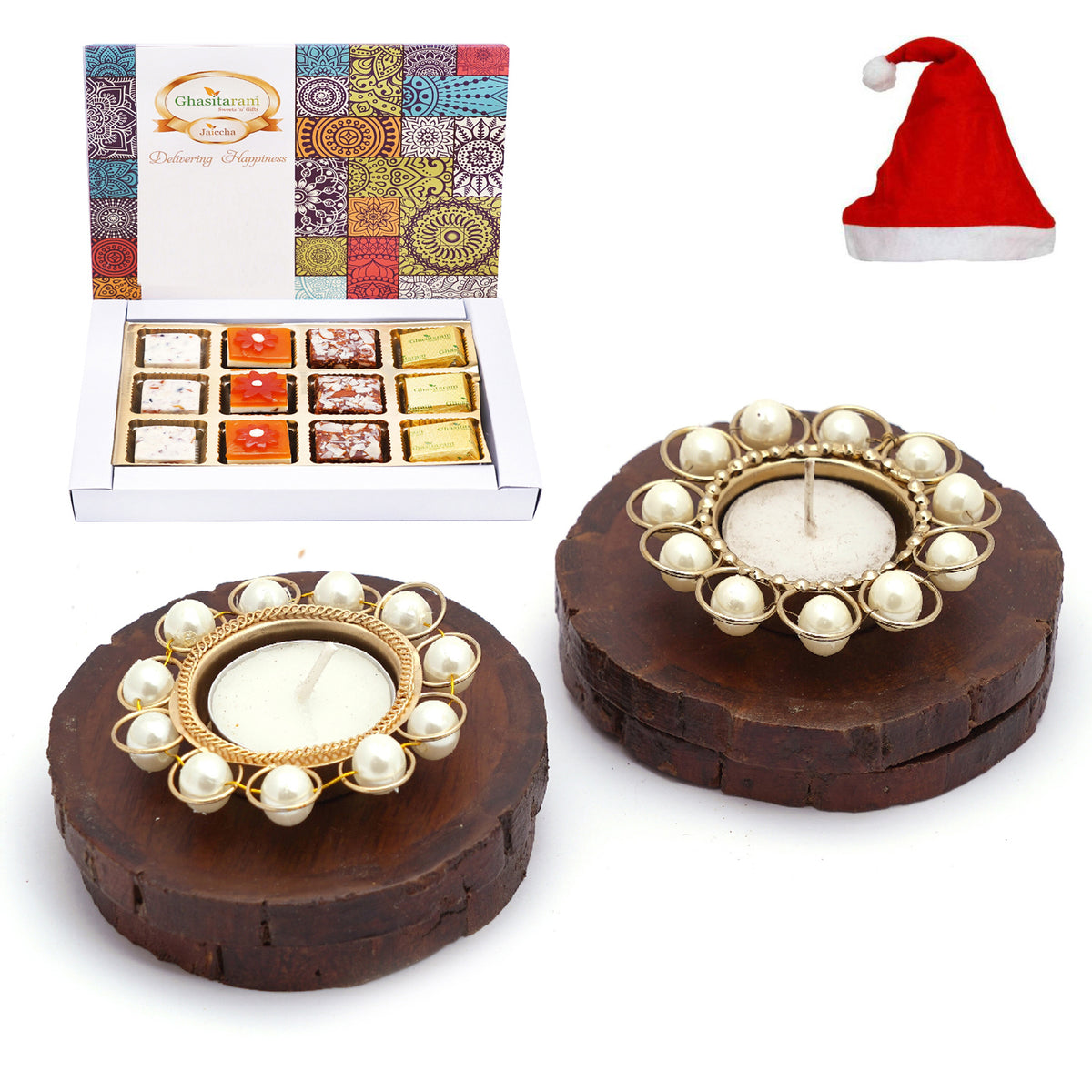 4 Coasters and T-Lites with Chocolate Coated Almonds