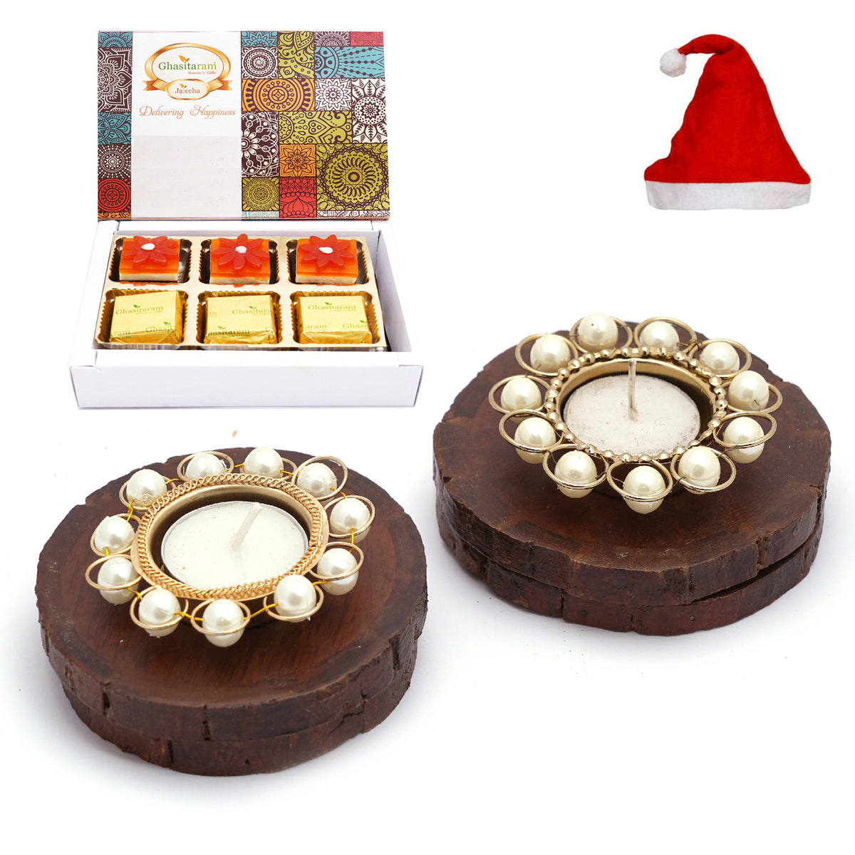 4 Coasters and T-Lites with Chocolate Coated Almonds