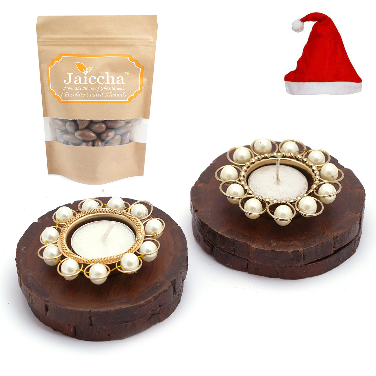 4 Coasters and T-Lites with Chocolate Coated Almonds