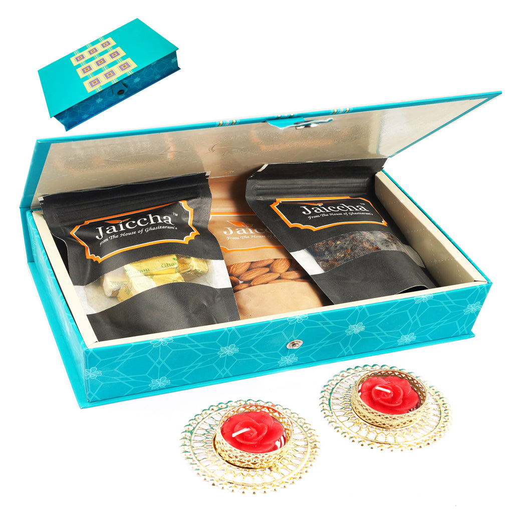 Blue Rectangular box of Mewa Bites, Almonds,Banarsi Paan and 2 T-Lites 