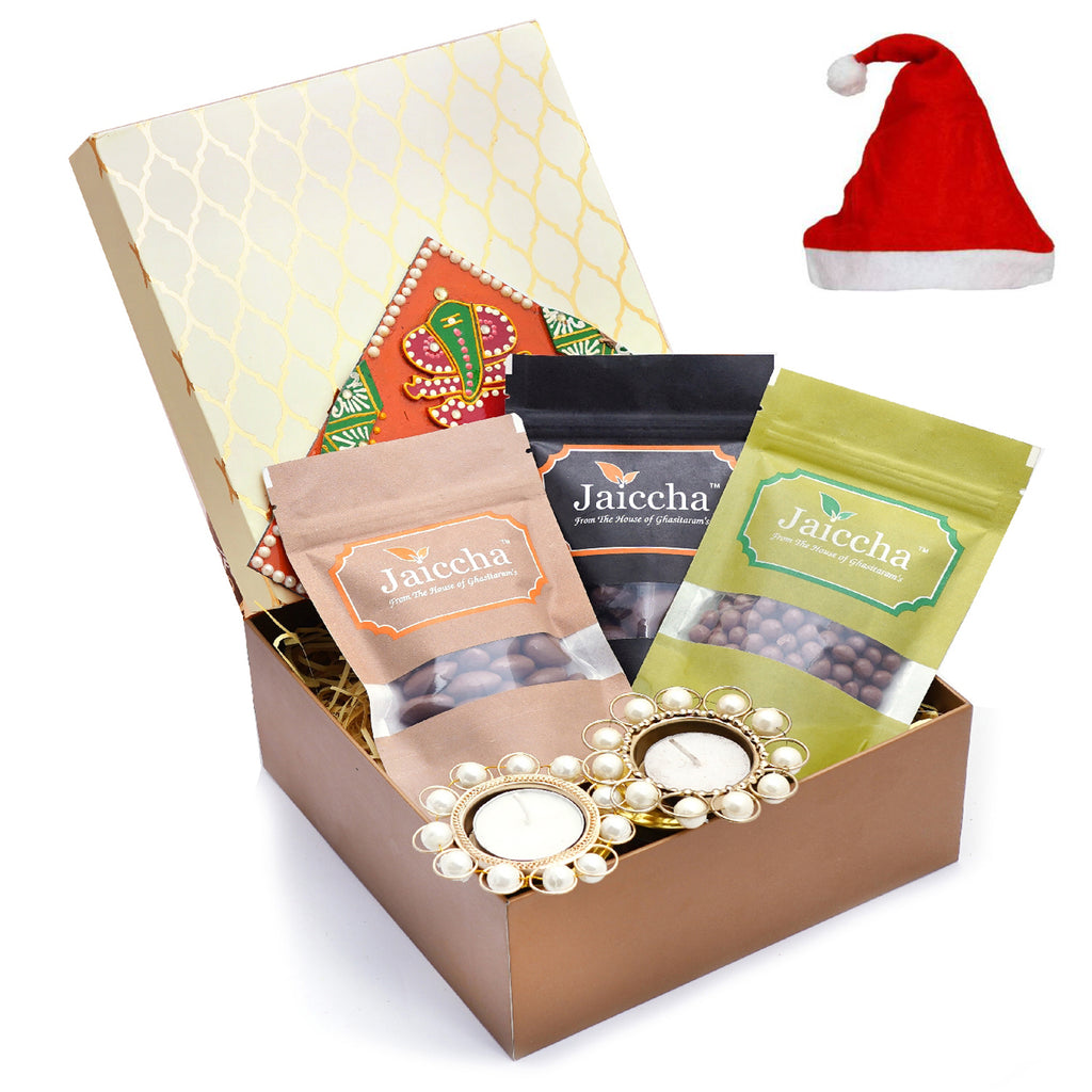 Golden Hamper Box of Chocoate Coated Almonds, Chocolate coated Cashews, Chocolate Coated Raisins, Pooja Thal and 2 T-lites