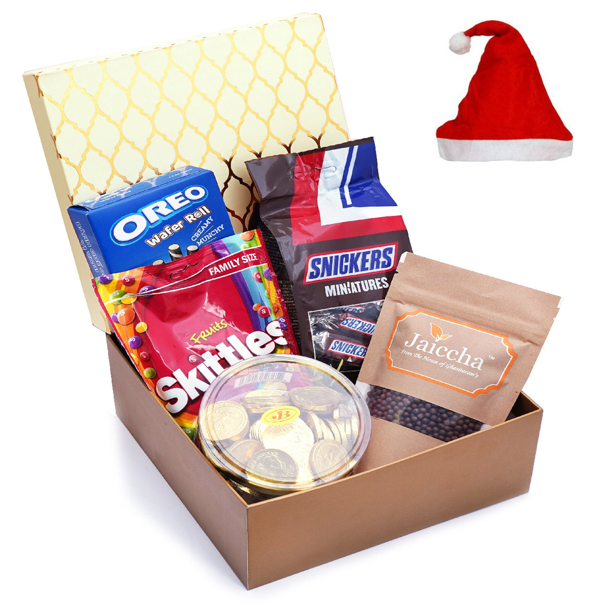 Golden Hamper Box of Chocoate Coated Rice Crispies, pack of Fruit Candies, Snickers, Gold Coin Chocolates and  Wafers Roll