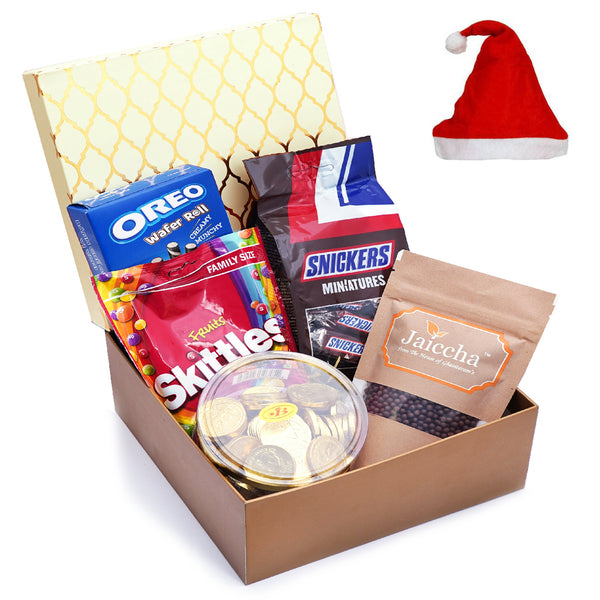 Golden Hamper Box of Chocoate Coated Rice Crispies, pack of Fruit Candies, Snickers, Gold Coin Chocolates and  Wafers Roll