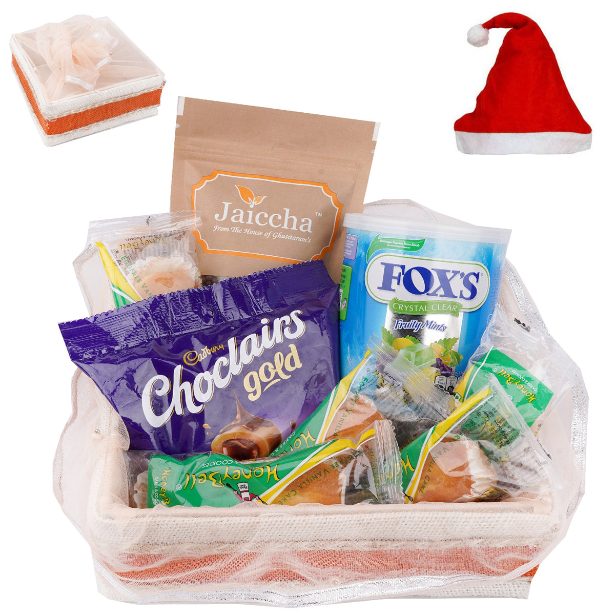 Shaded Jute Potli with Rice Crispies, Chocolairs, Toffees and Mawa Cakes
