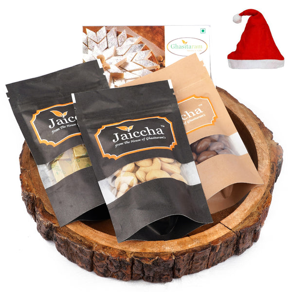 Log Platter of Kaju Katli, Chocolate Coated Almonds, Mewa Bites and Roasted Cashews