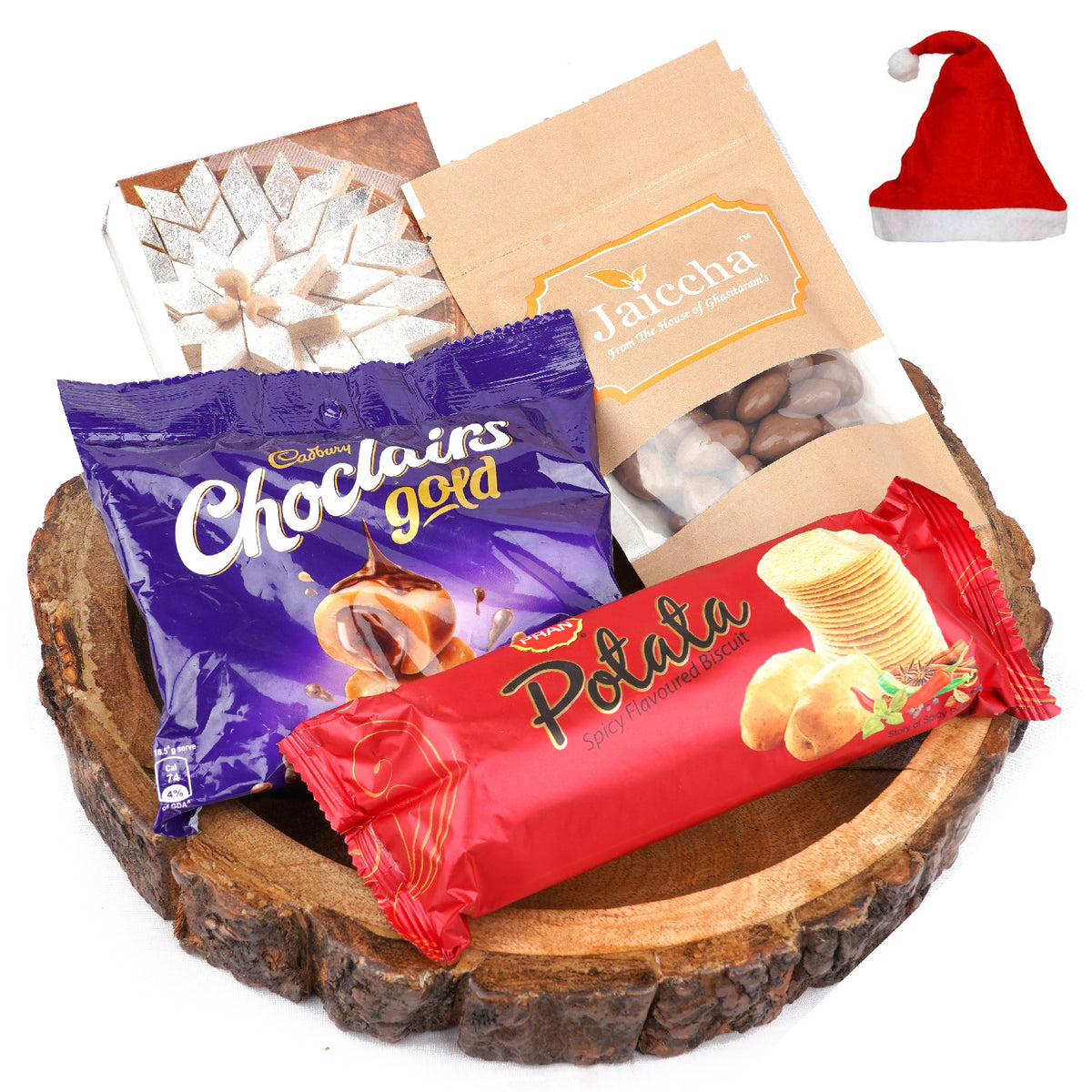 Log Platter of Kaju Katli, Chocolate Coated Almonds, Chocolairs and Potata Biscuits 