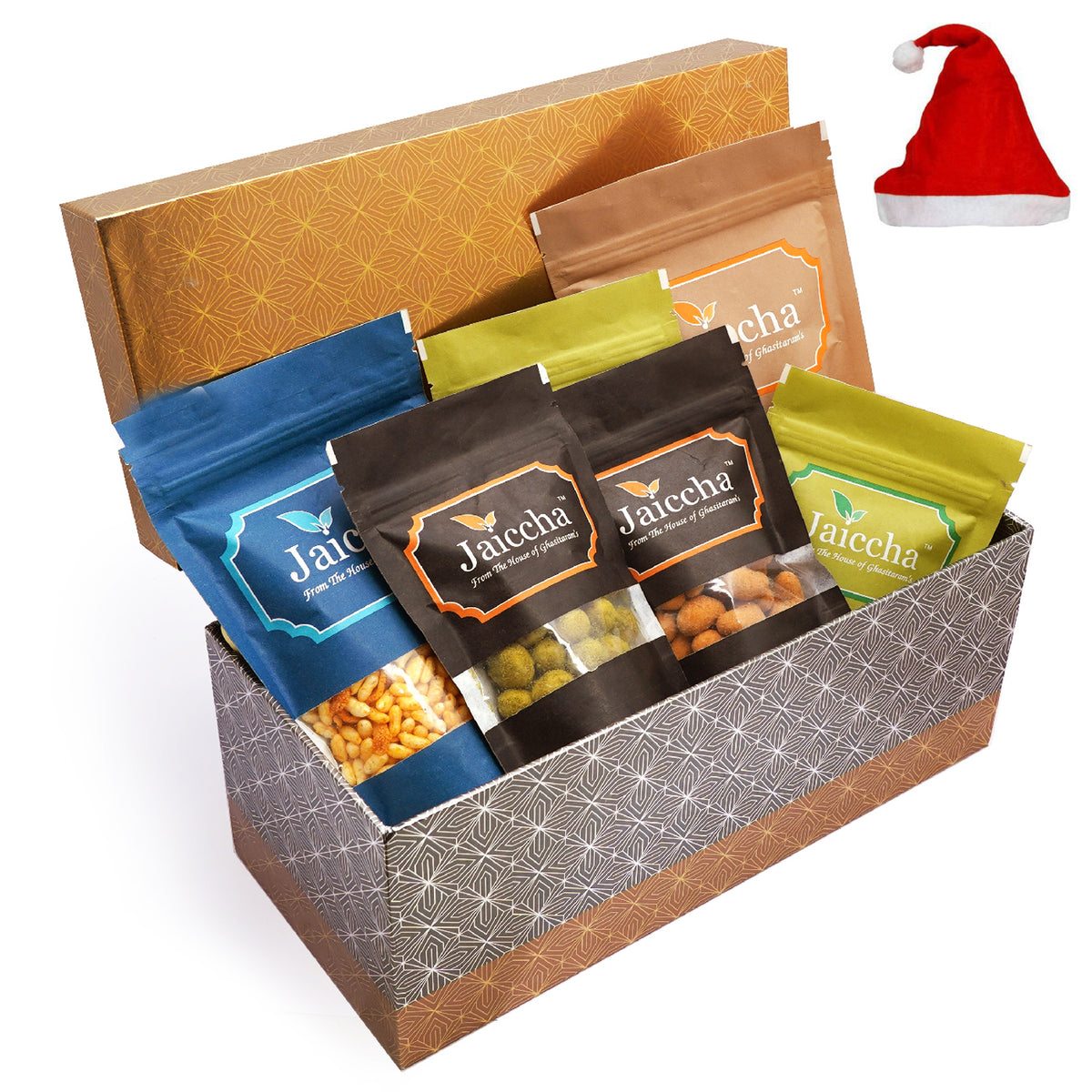 Rectangle box of Badang Bhel, Butter Chakli Sticks, Chocolate Coated Butterscotch, Chocolate Coated Raisins, Crunchy Coated Cashews and Crunchy Coated Peanuts
