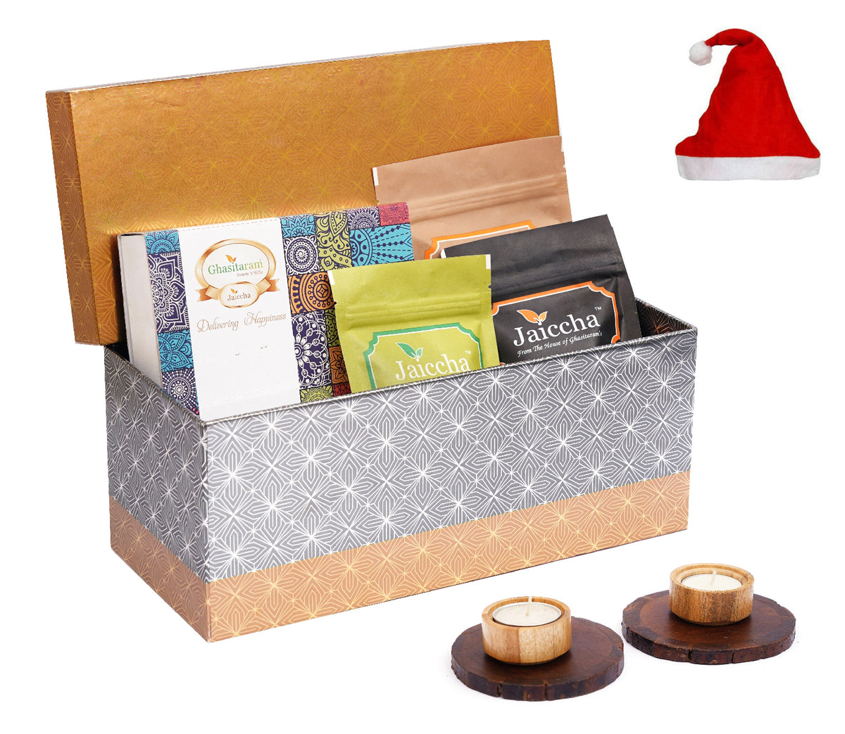 Rectangle box of Badang Bhel, Butter Chakli Sticks, Chocolate Coated Butterscotch, Chocolate Coated Raisins, Crunchy Coated Cashews and Crunchy Coated Peanuts