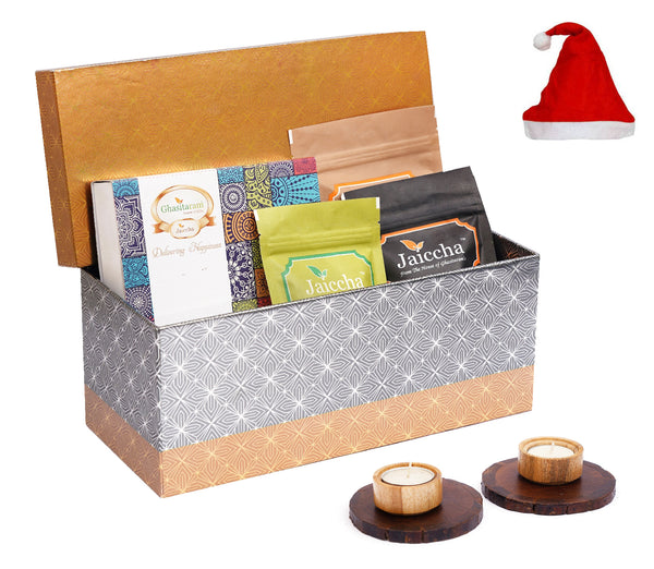 Rectangle box of Badang Bhel, Butter Chakli Sticks, Chocolate Coated Butterscotch, Chocolate Coated Raisins, Crunchy Coated Cashews and Crunchy Coated Peanuts