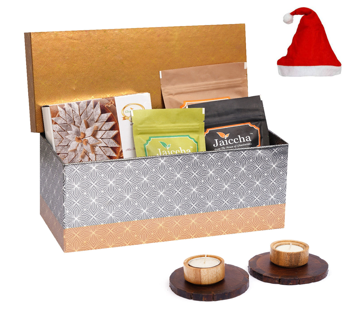 Rectangle box of Butter Chakli Sticks, Chocolate Coated Butterscotch, Crunchy Coated Cashews, Kaju Katlis, Wooden Coasters and Wooden T-lites.