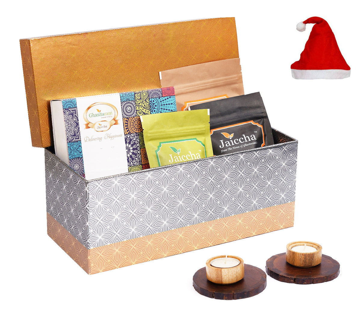 Rectangle box of Badang Bhel, Butter Chakli Sticks, Chocolate Coated Butterscotch, Chocolate Coated Raisins, Crunchy Coated Cashews and Crunchy Coated Peanuts