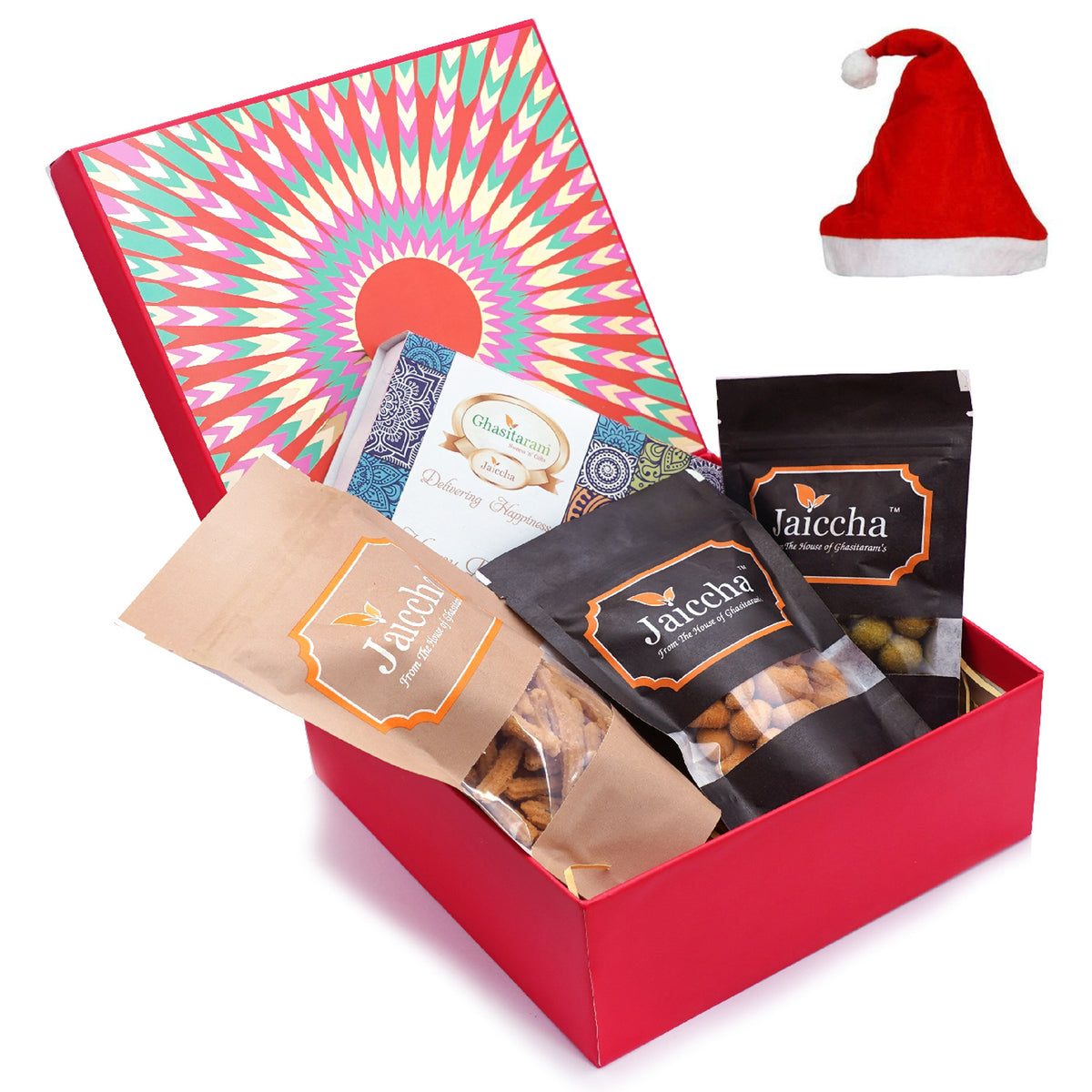 Red hamper box of Assorted bites, Crunchy Coated Cashews, Crunchy Coated Peanuts, Butter Chakli Sticks