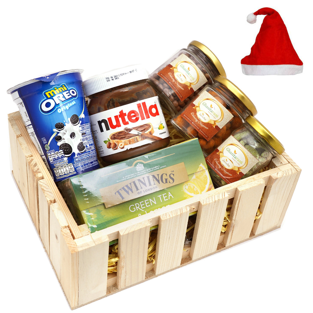 Natural Wood Striped Basket of 6 Goodies