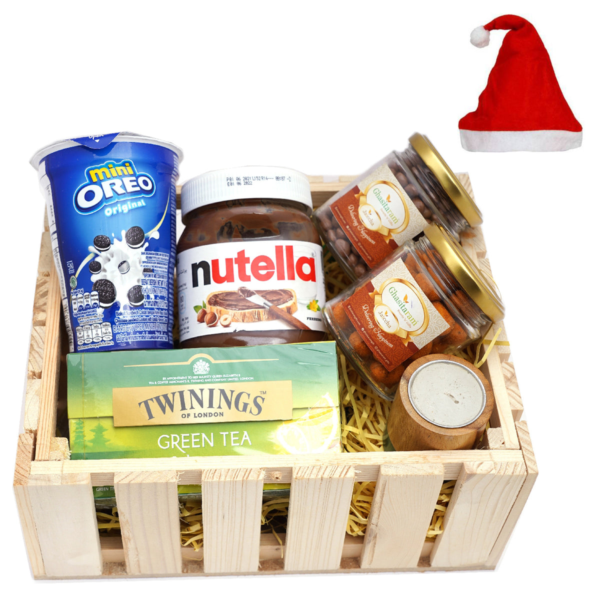 Natural Wood Striped Basket of 5 goodies with Long Wooden T-lite