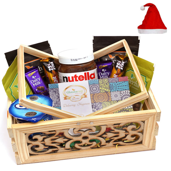 Wooden Laser Handle Basket of 11 Goodies with Assorted Bites