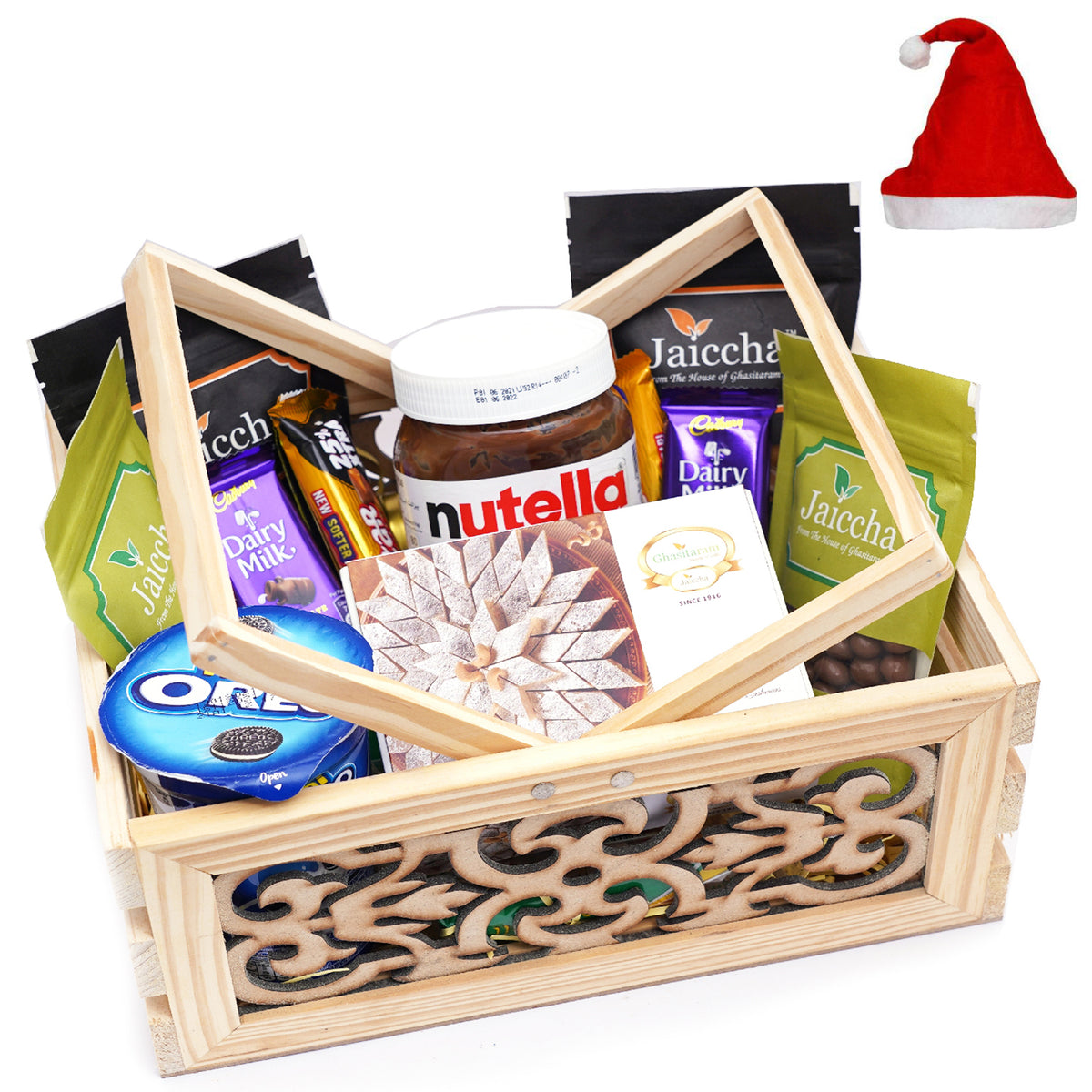 Wooden Laser Handle Basket of 11 Goodies with Kaju Katlis