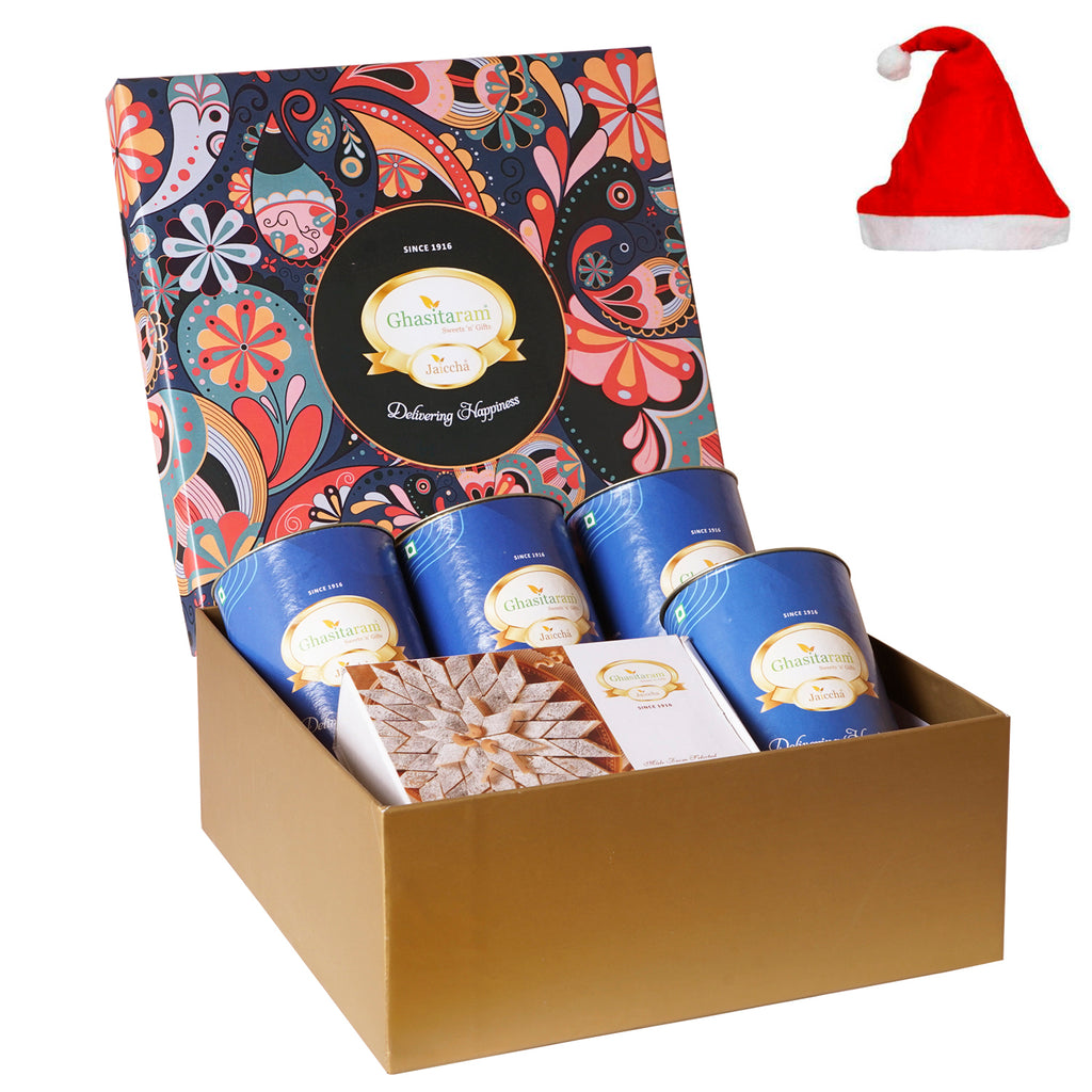Christmas Gifts-Ghasitaram Gifts Big Hamper Box of 4 dryfruit Cans and Kaju Katli 