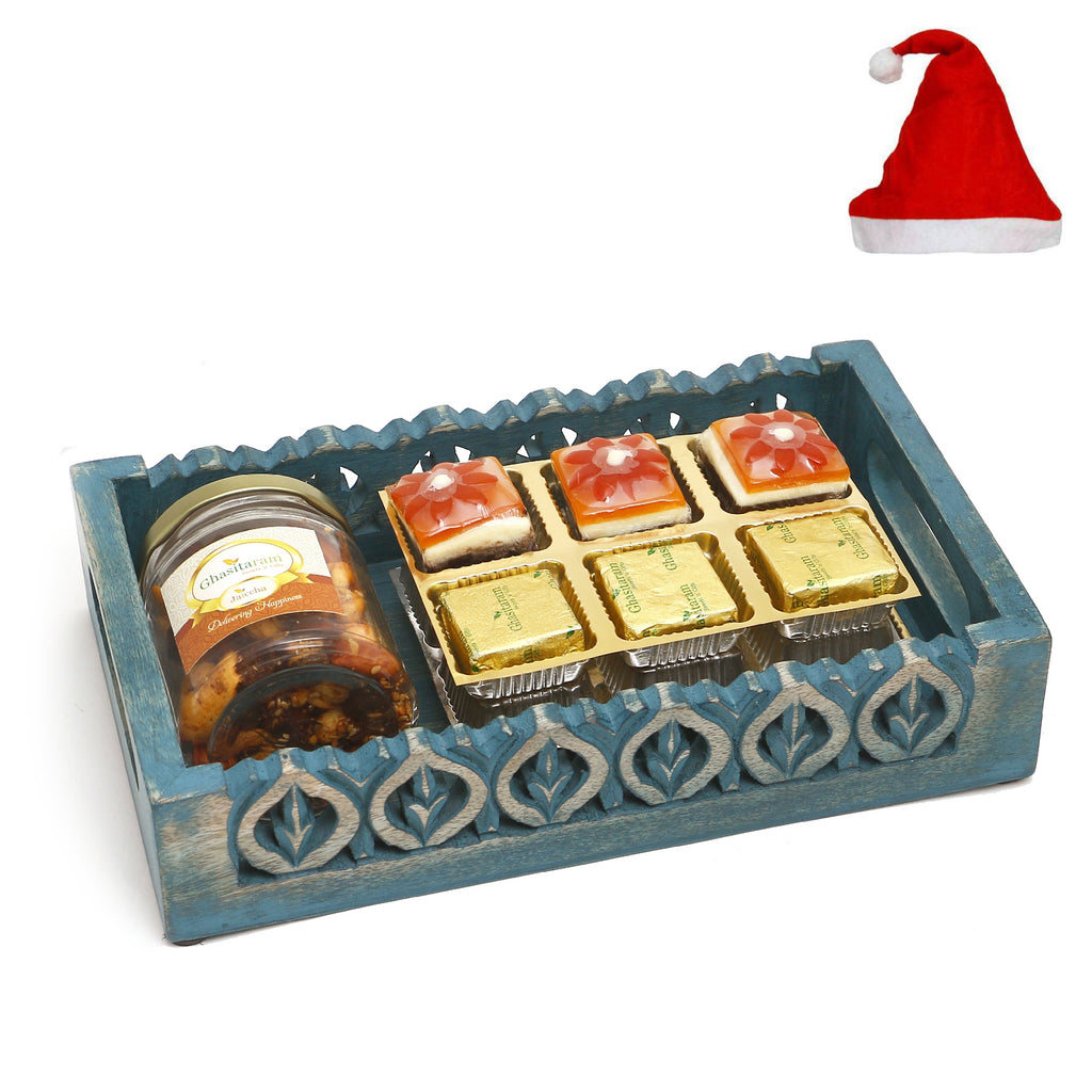 Christmas Gifts-Blue wooden Tray with assorted Bites and Mix Dryfruits Jar