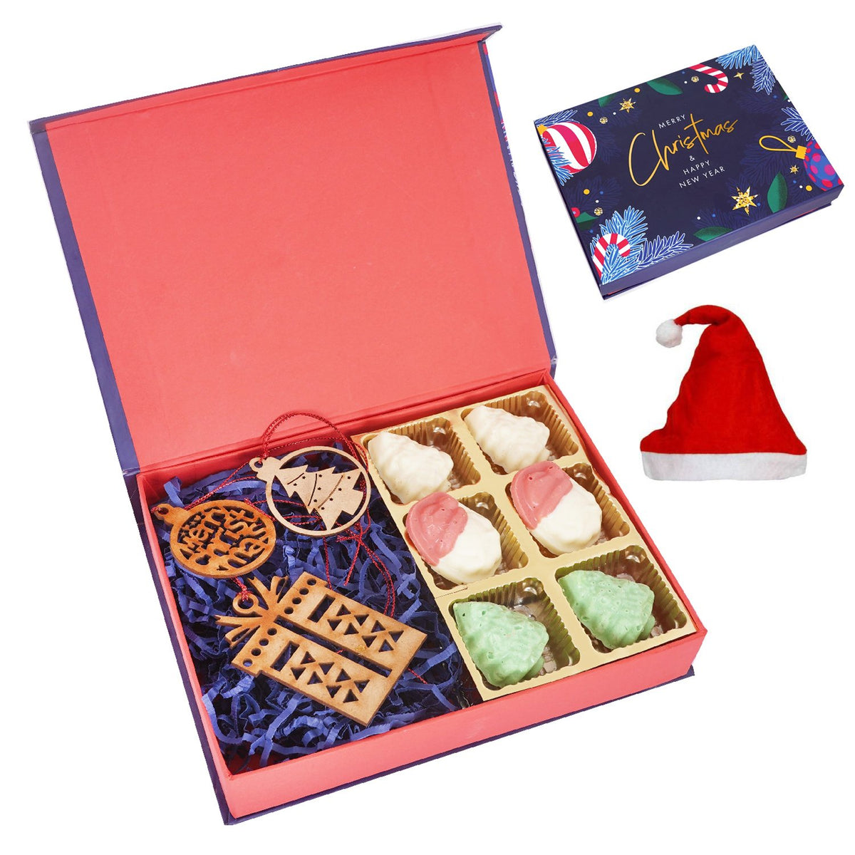 Merry Christmas Decorated Box With Special Christmas Chocolates and wooden Décor