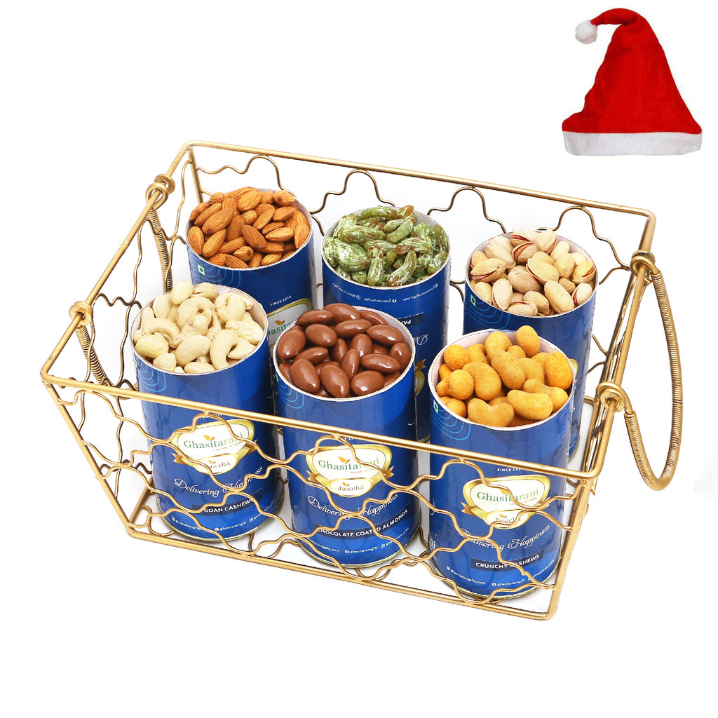Christmas Gifts-Designer Metal Basket of 4 Cans and Kaju Katli