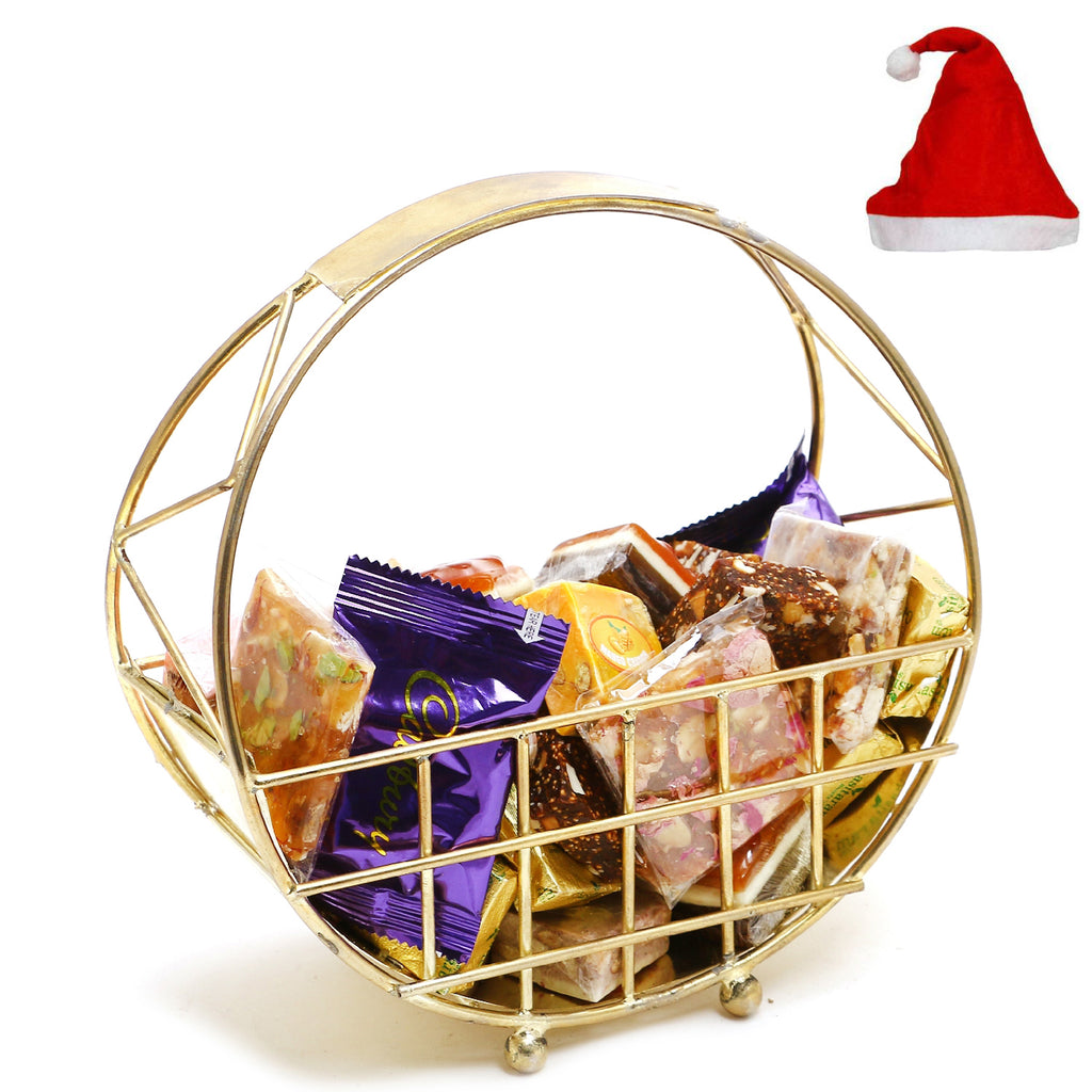 Christmas Gifts-White Metal basket of 2 cans of dryfruits, Mukhwas and Kaju Katlis
