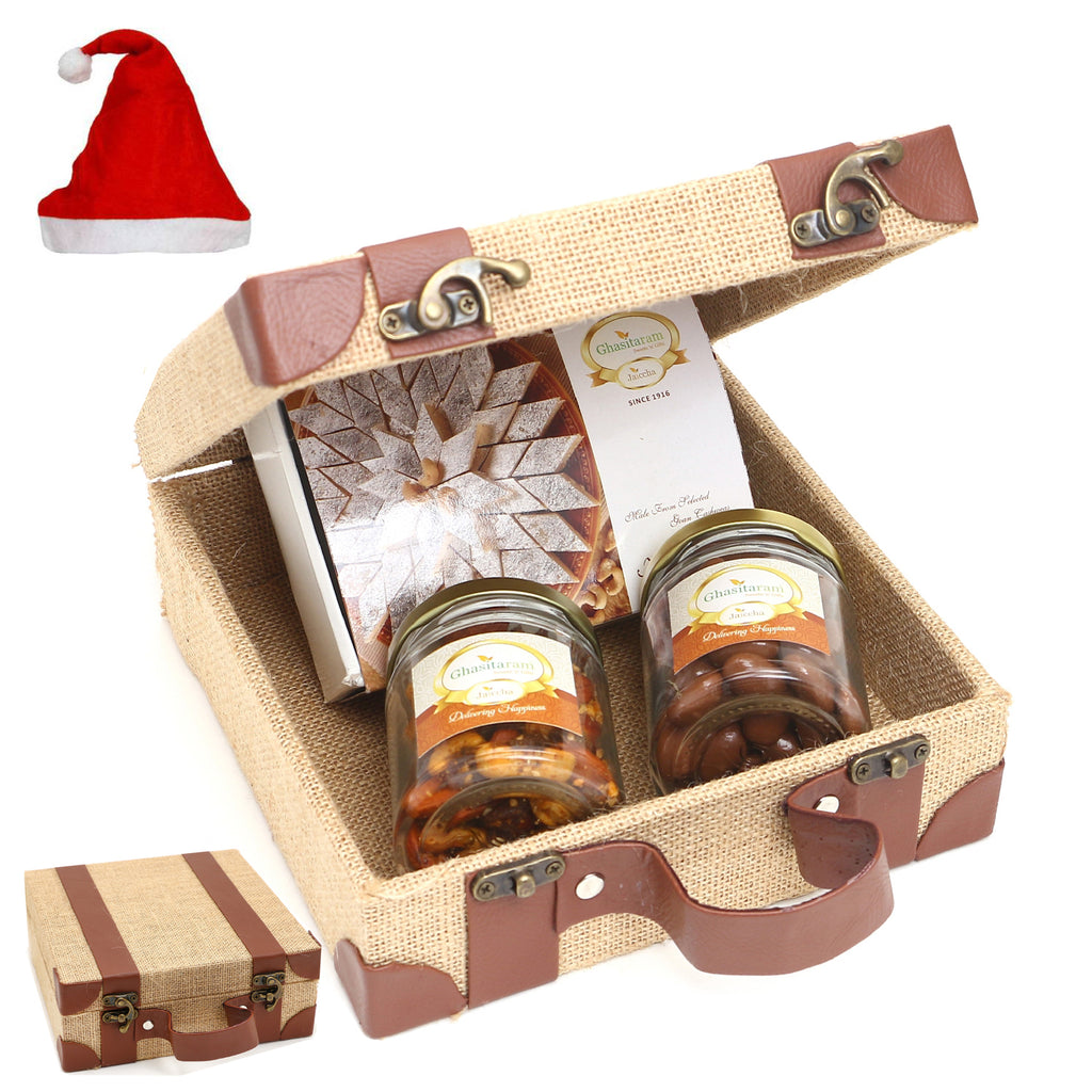 Christmas Gifts-Jute Box of Chocolate Alomnds, Mix Dryfruits and Kaju Katli 