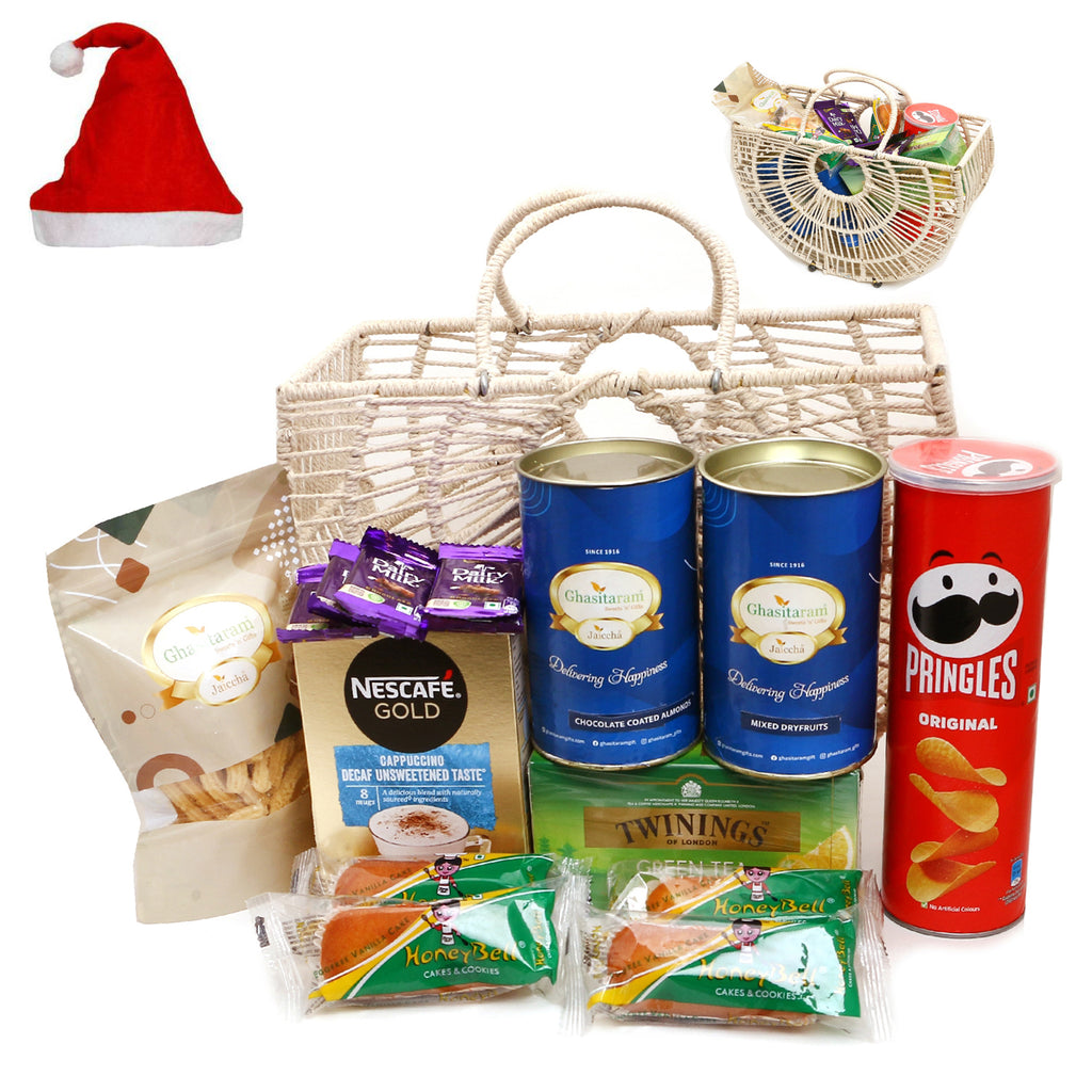 Christmas Gifts-White Metal Basket of Assortments with Bites Can