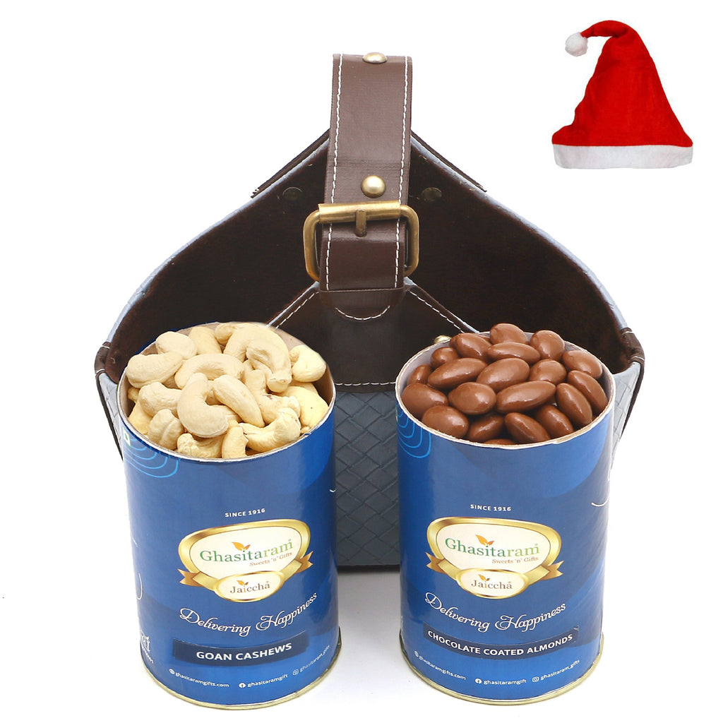 Leather Buckle Basket Small of Cashews and Chocolate Almonds