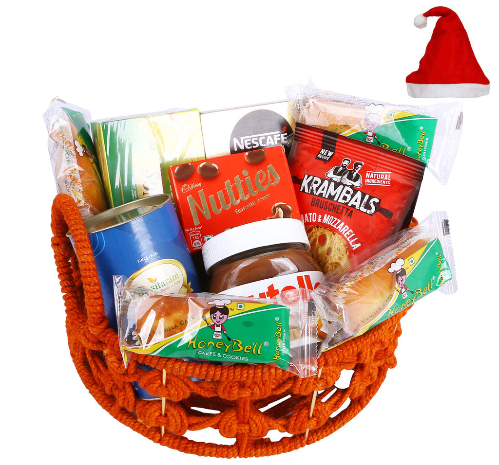 Christmas Gifts-Orange Jute Basket of 11 Goodies with Mix Dryfruits Can