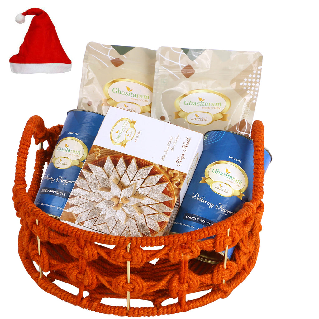 Christmas Gifts-Orange Jute Basket of assortments with Milk Cake
