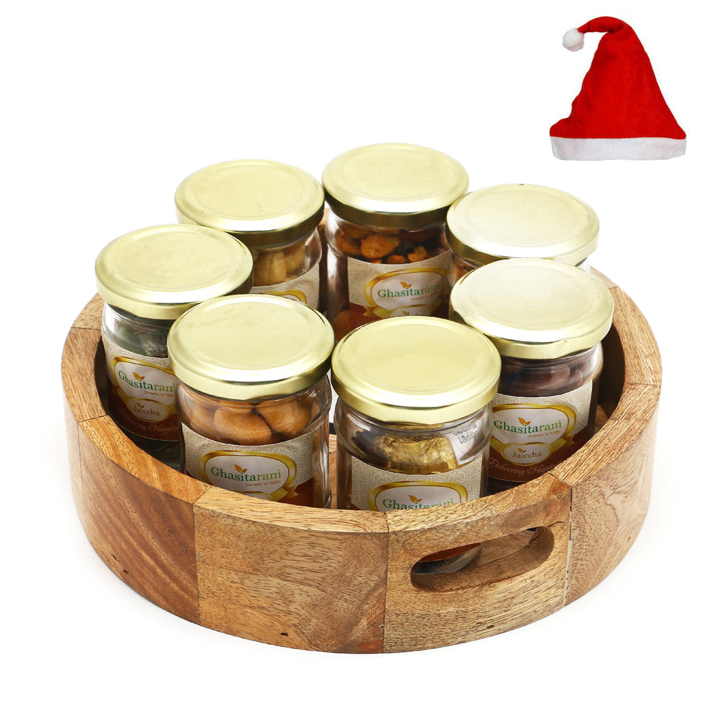 Christmas Gifts-Round Printed Wooden Tray of 7 Jars