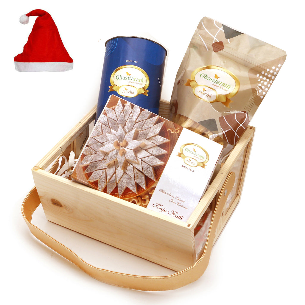 Christmas Gifts-Small Acrylic Wooden Basket Mix dryfruits, Wheat Puffs and Sugarfree Bites