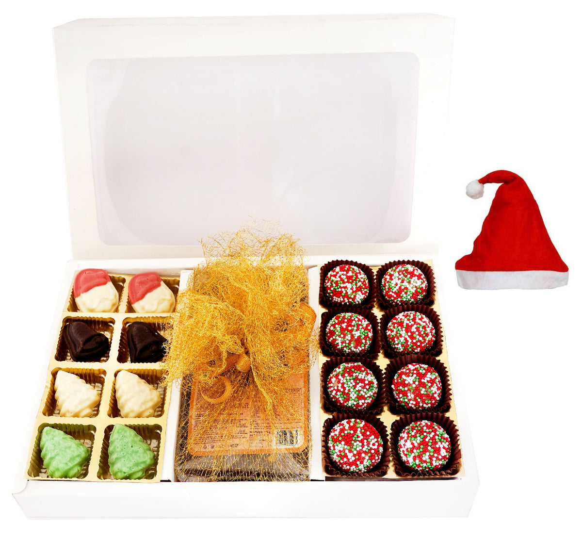 White Christmas Hamper Box Big with chocolates, plum cake and Hazelnut Balls