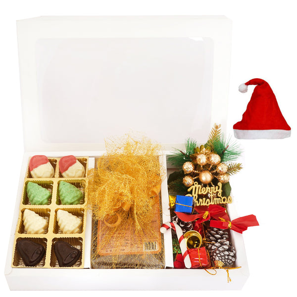 White Christmas Hamper Box Big with chocolates, plum cake,wreath and décor 