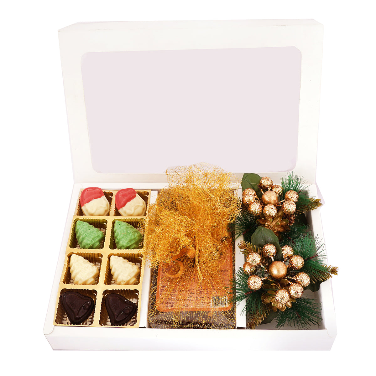 White Christmas Hamper Box Big with chocolates, plum cake and 2 Wreaths 