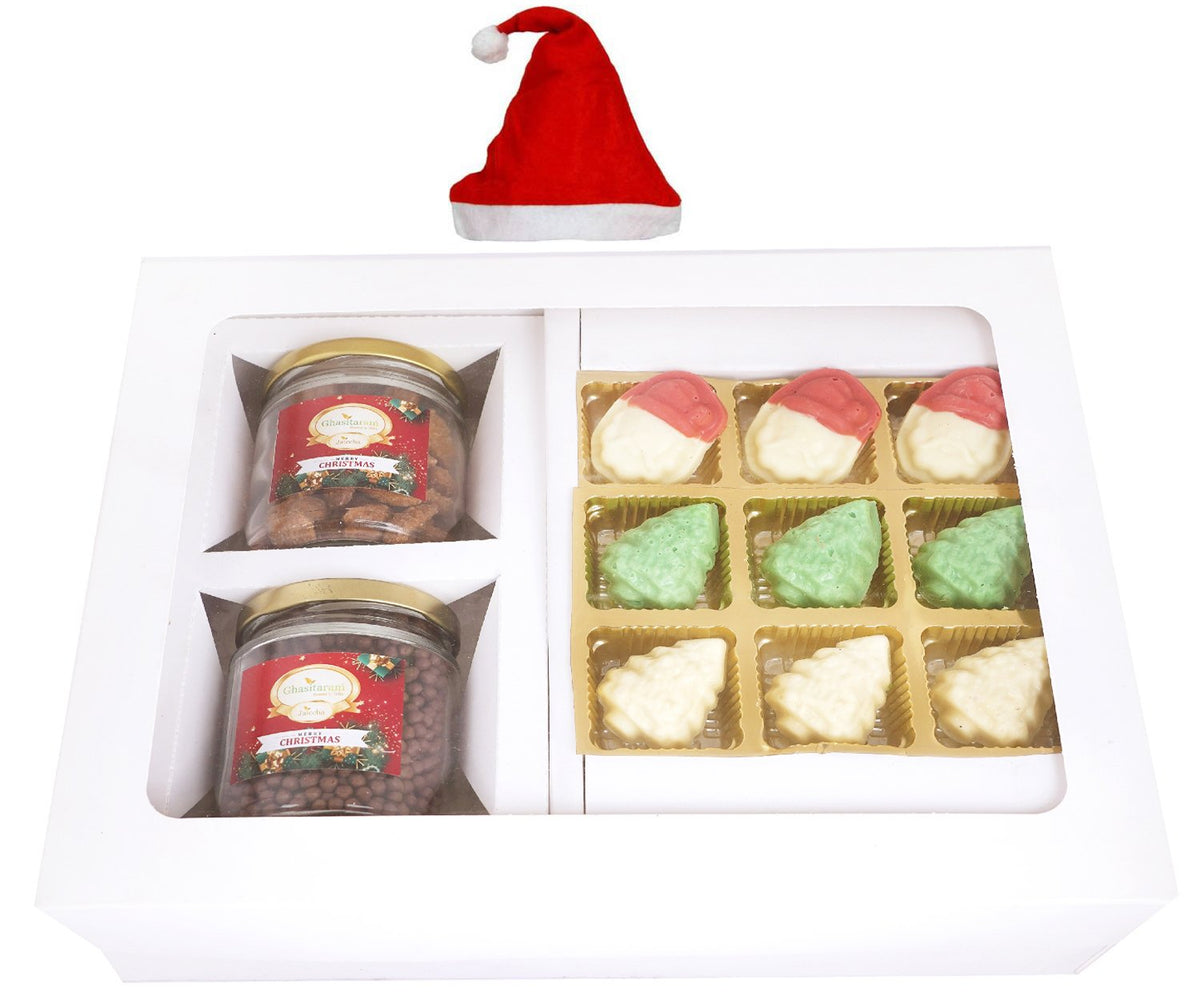 White Christmas Hamper Box Medium with Christmas Chocolates and 2 jars of Caramel Almond and Chocolated Coated Crispies